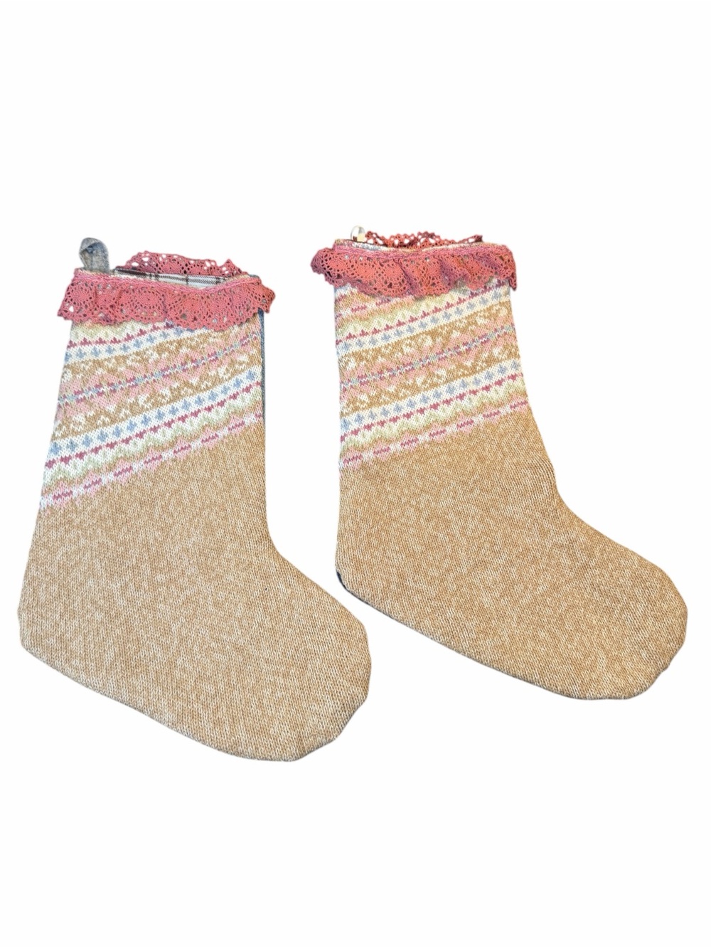 Handmade Upcycled Christmas Stockings Denim Lace Set of 2